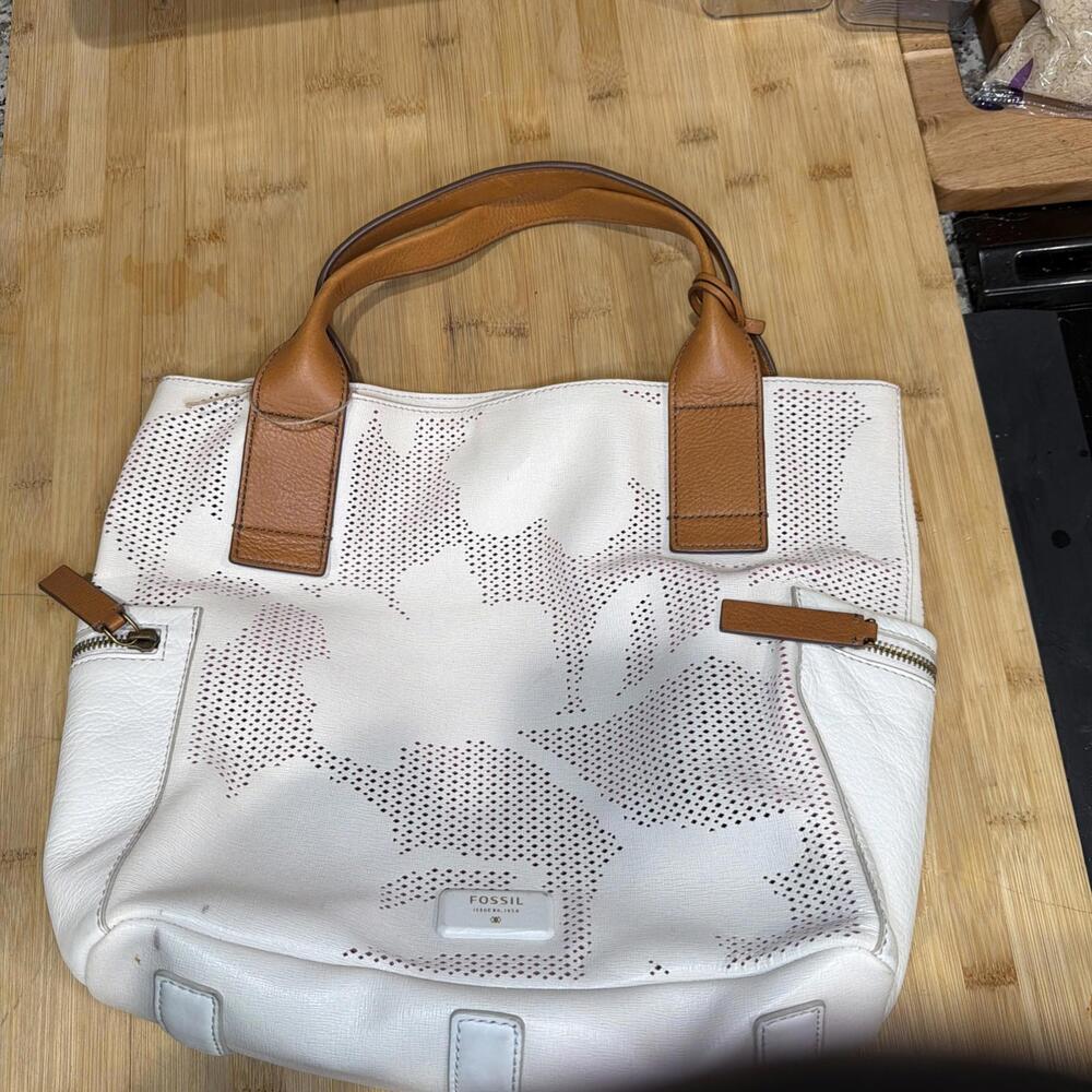 FOSSIL Women's Emerson Leather Satchel Handbag - Preowned white purple *